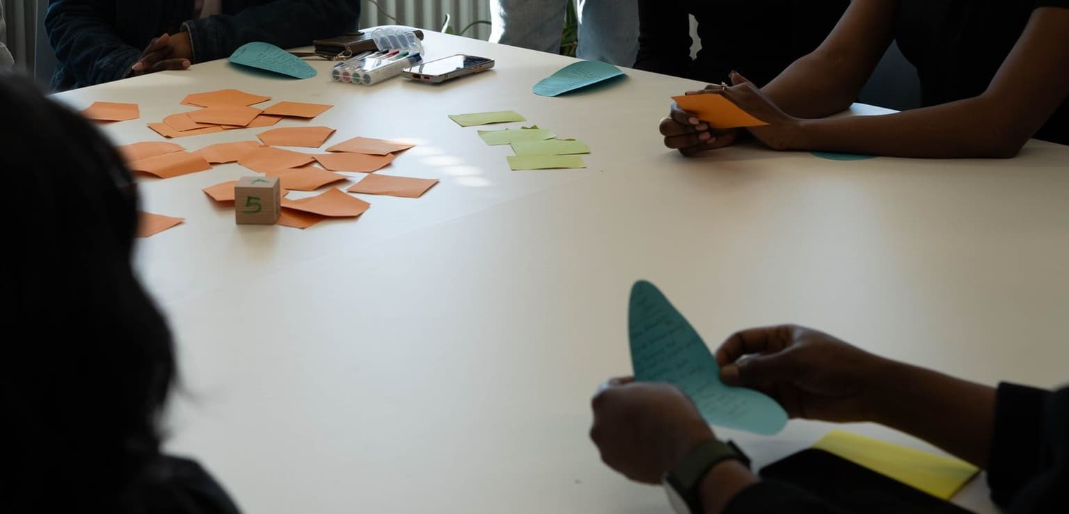 A team sorting notes during a workflow planning session