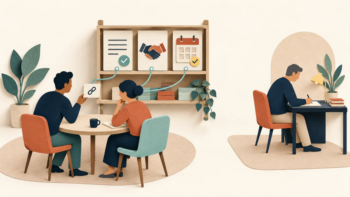 Shared company reference cards help colleagues answer routine questions while an owner focuses on work.
