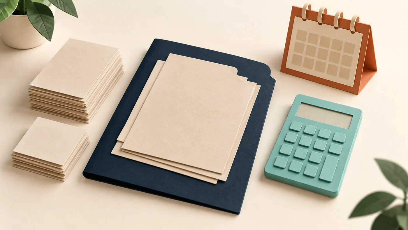 A project folder beside a calculator, a calendar and separate stacks representing setup, ongoing service and staff time.