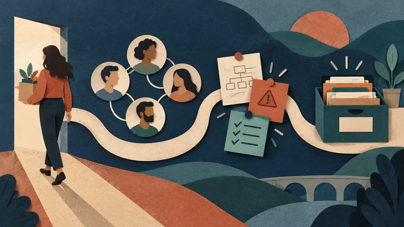 A structured employee handover preserving decisions, relationships, exceptions, and current work.