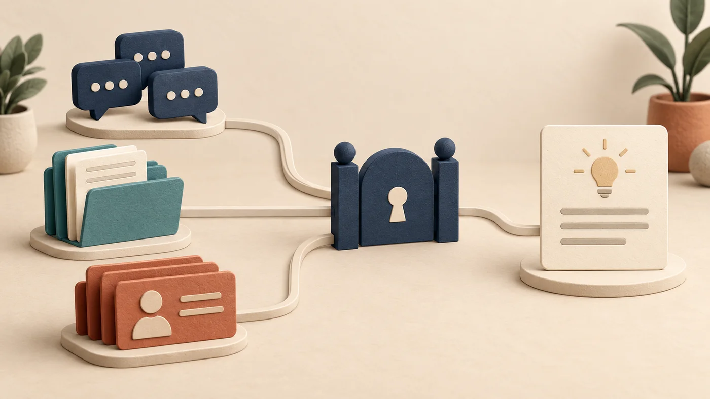 Chat bubbles, document folders and customer record cards connected through a small access gate to a single answer card.
