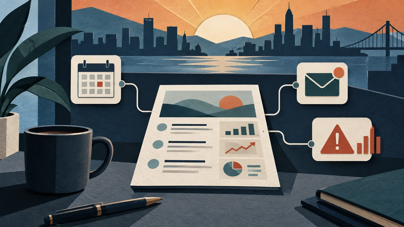 An AI daily business briefing grouping changes, risks, decisions, and owners into a concise report.
