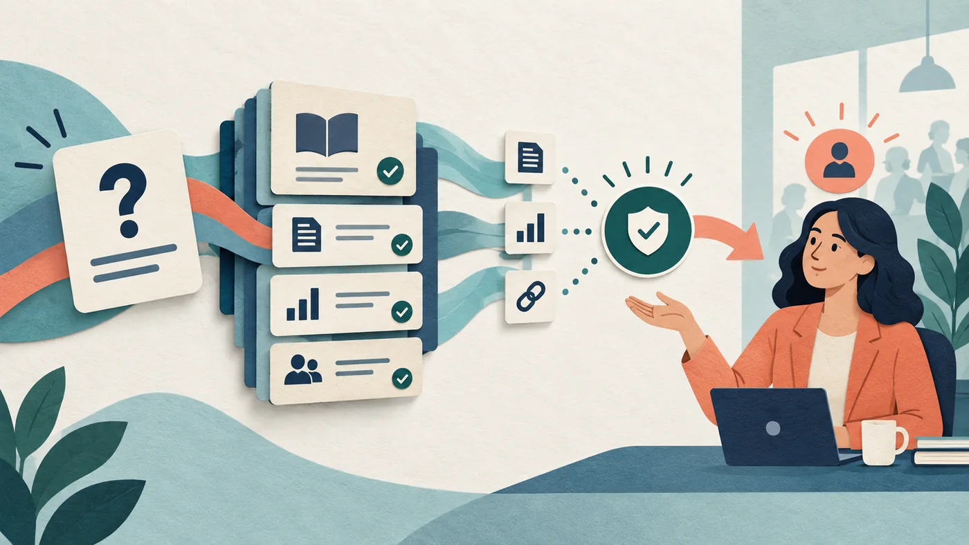 A company question card routed through source evidence and a confidence check to an accountable internal expert.