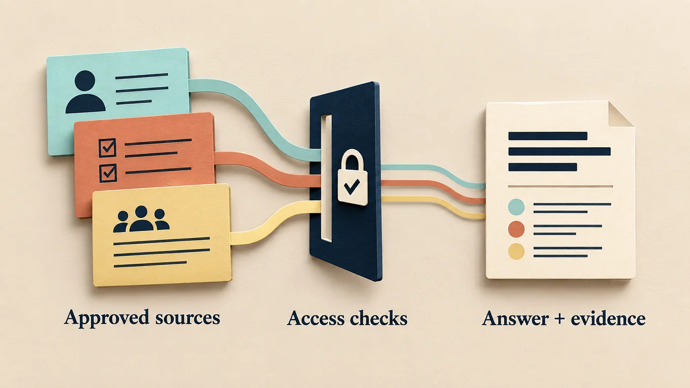 A small set of approved business records passing through access checks into a source-backed team answer.