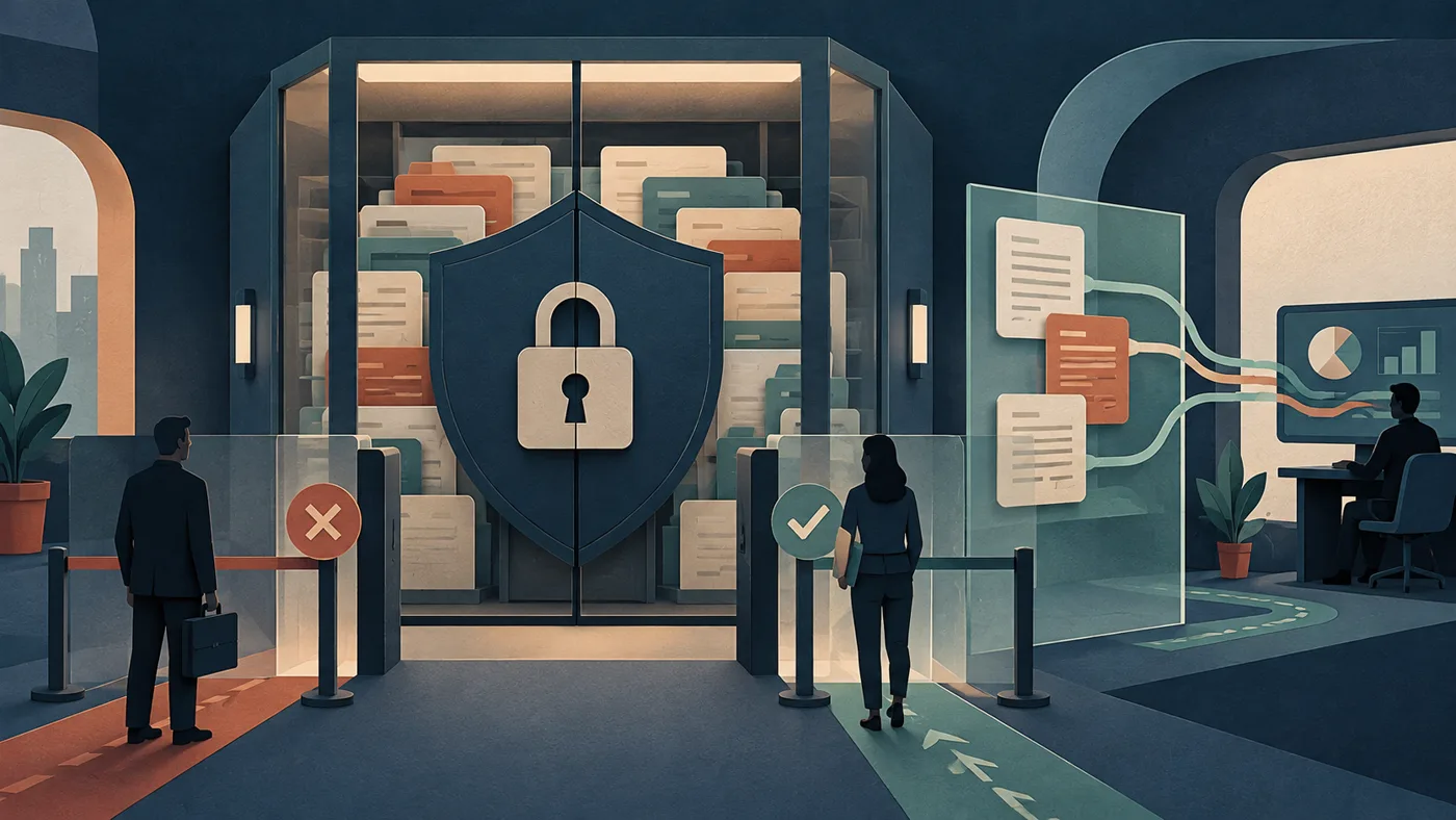 Company data flowing through a controlled AI boundary with retention, access, and approval checks.