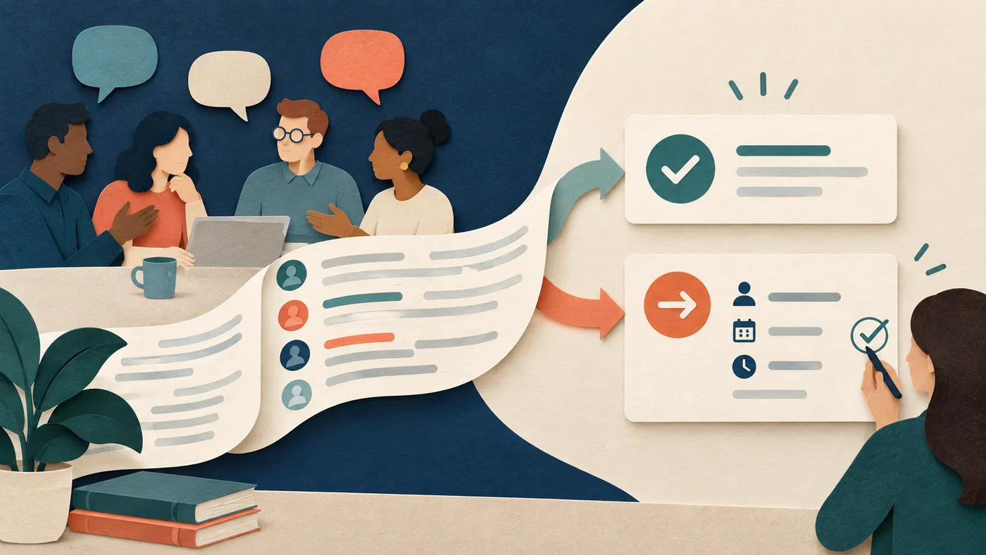 A meeting transcript flowing into separate decision and action cards with an owner, due date and review check.